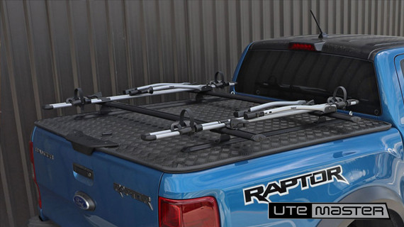 Ford Ranger Raptor Blue Load Lid Black Cross Bars T Track Biking Bikes Hard Lid Close Up