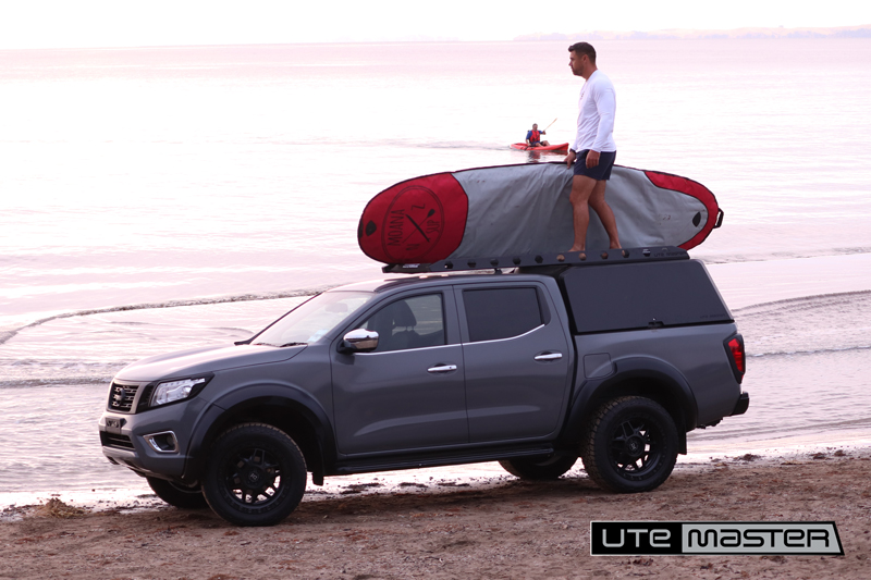 Nissan Navara Grey Utemaster Centurion Canopy Cantilever Roof Rack At The Beach