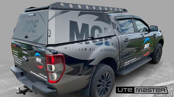 Electrician Canopy Fitout Utemaster Centurion Canopy for MGE Electrical Black Signwritten Ford Ranger