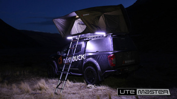 Roof Top Tent Mounted to Utemaster Centurion Canopy Nissan Navara 4x4 Overlanding Bushbuck South Island NZ Night Lights