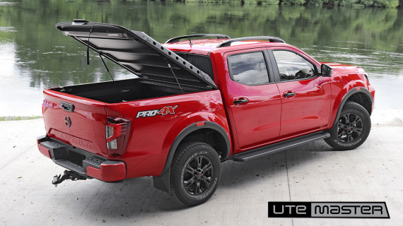 Ute Hard Lid to suit Nissan Navara Pro 4x Tonneau Black Red Tough Checkerplate Cover open