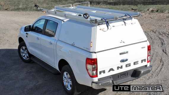 Utemaster Canopy to suit Toyota Hilux SR J Deck Black Linesman Ladder Racks White