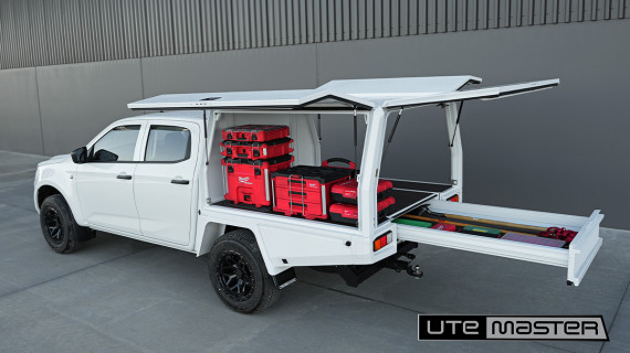 White 2024 D Max Isuzu with Utemaster Box TrailCore Service Tray